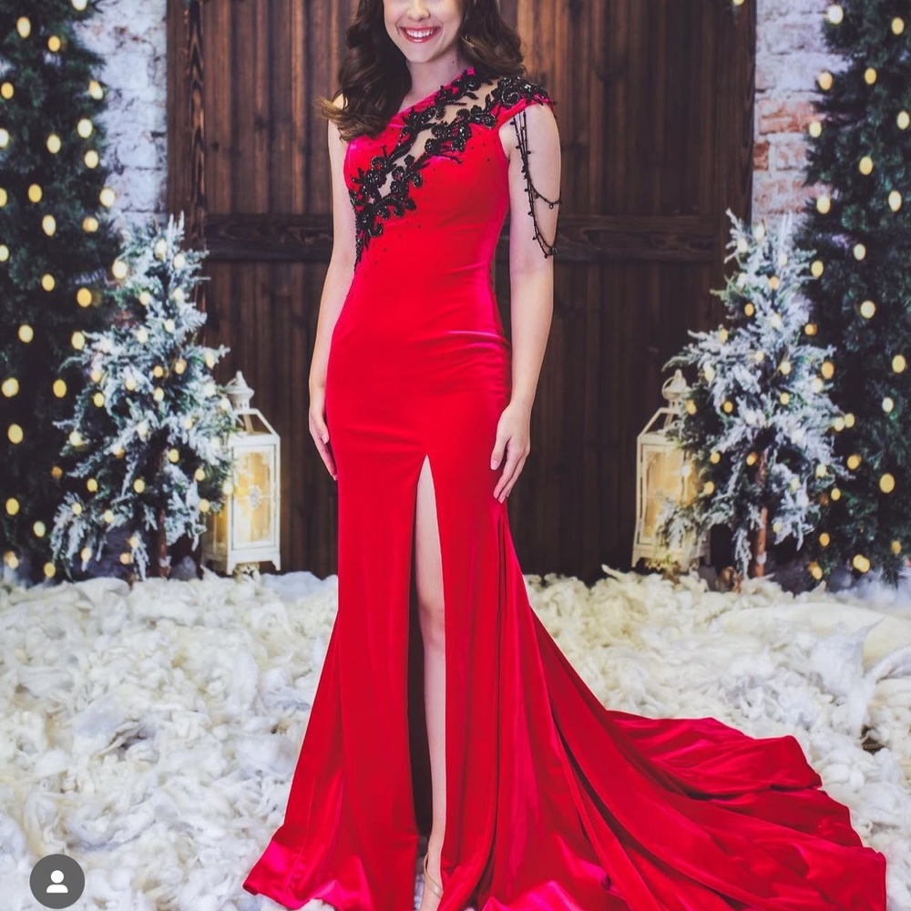 Johnathan Kayne Red Gown with Black Embroidery